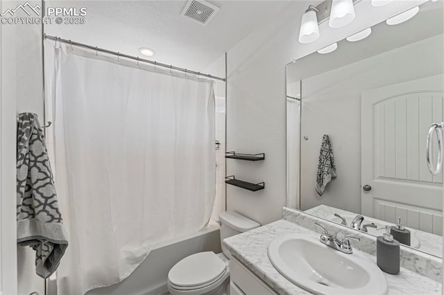 6117 Ashmore Ln, Colorado Springs, CO 80927 - bathroom with toilet, visible vents, shower / bathtub combination with curtain, and vanity