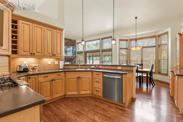kitchen with a peninsula, dark countertops, stainless steel dishwasher, and dark wood-style floors