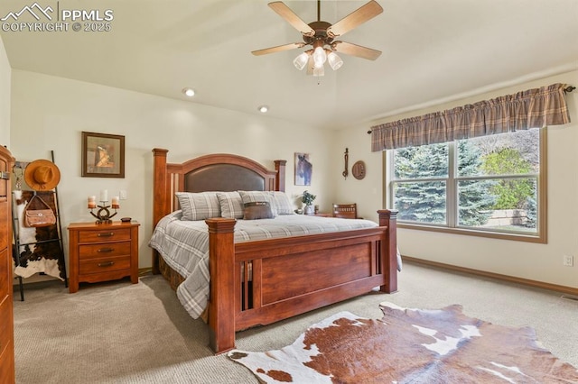 bedroom featuring a ceiling fan, baseboards, recessed lighting, and light carpet