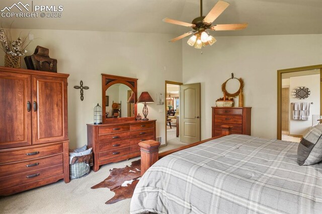 bedroom featuring carpet flooring, ceiling fan, and high vaulted ceiling