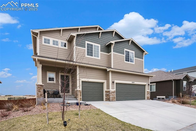 12857 Morning Breeze Way, Peyton, CO 80831 - craftsman house featuring a porch, driveway, stone siding, and a garage