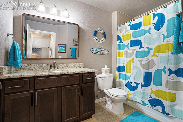 12857 Morning Breeze Way, Peyton, CO 80831 - full bath featuring tile patterned flooring, a textured wall, toilet, and a textured ceiling