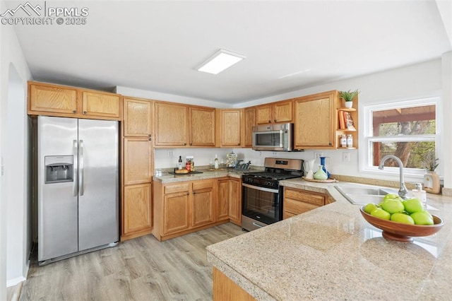 735 N Walnut St, Colorado Springs, CO 80905 - kitchen with open shelves, a sink, light wood finished floors, and appliances with stainless steel finishes