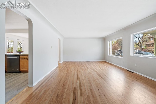 735 N Walnut St, Colorado Springs, CO 80905 - unfurnished living room featuring arched walkways, baseboards, a healthy amount of sunlight, and light wood-style floors