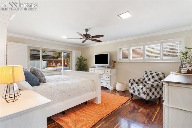 bedroom with baseboards, ornamental molding, and dark wood-type flooring
