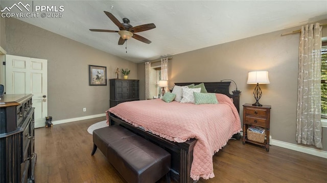 17770 Radbourne Ct, Monument, CO 80132 - bedroom with vaulted ceiling, wood finished floors, baseboards, and a ceiling fan