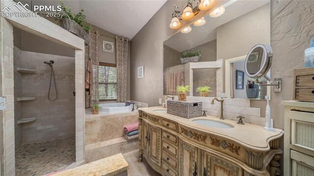 17770 Radbourne Ct, Monument, CO 80132 - full bath with double vanity, a bath, a textured wall, a tile shower, and lofted ceiling