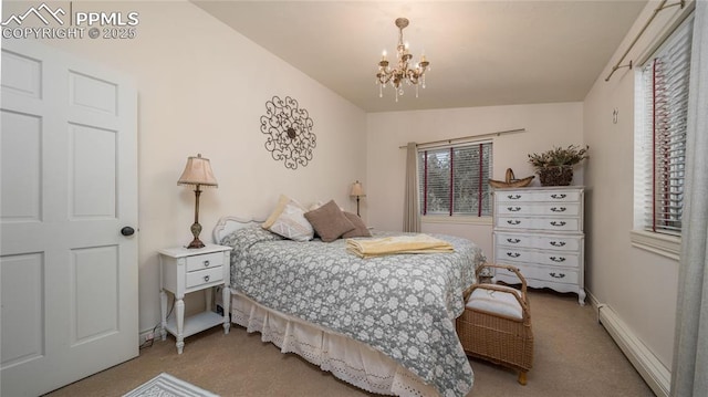 17770 Radbourne Ct, Monument, CO 80132 - bedroom featuring carpet floors, a chandelier, and a baseboard heating unit