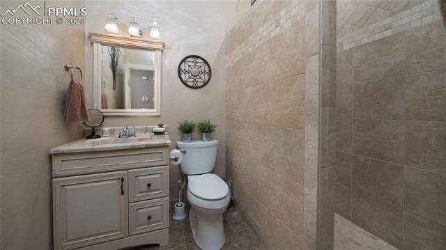 17770 Radbourne Ct, Monument, CO 80132 - bathroom featuring toilet, vanity, walk in shower, and tile patterned floors