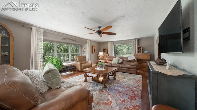 17770 Radbourne Ct, Monument, CO 80132 - living area with wood finished floors, ceiling fan, and a textured ceiling