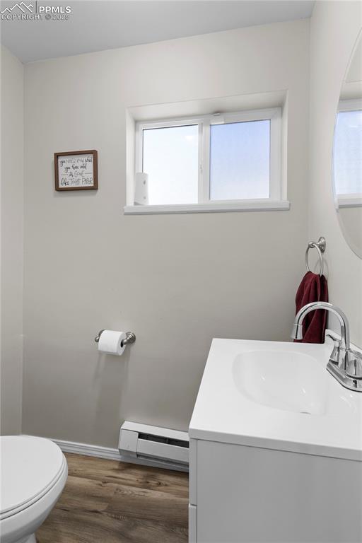 537 Blossom Field Rd, Fountain, CO 80817 - bathroom featuring baseboard heating, vanity, and plenty of natural light