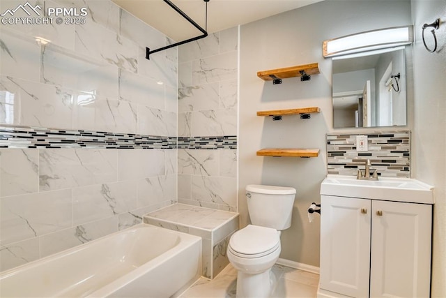 full bath featuring toilet, shower / bathing tub combination, baseboards, decorative backsplash, and vanity