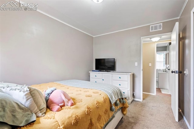 bedroom with visible vents, crown molding, baseboards, and light carpet