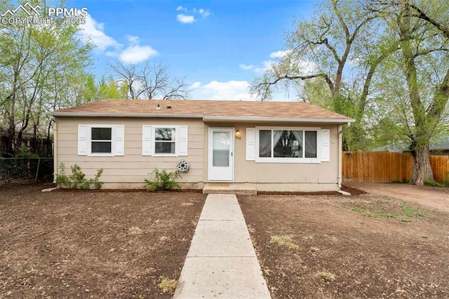 view of front of home featuring fence and a shingled roof