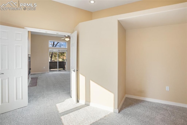carpeted empty room with recessed lighting, ceiling fan, and baseboards