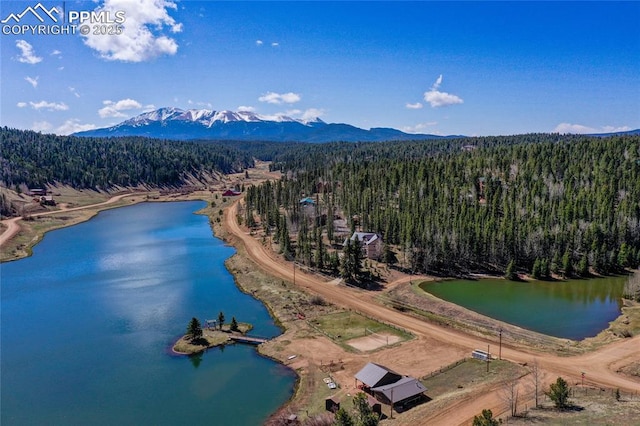 bird's eye view with a water and mountain view and a wooded view