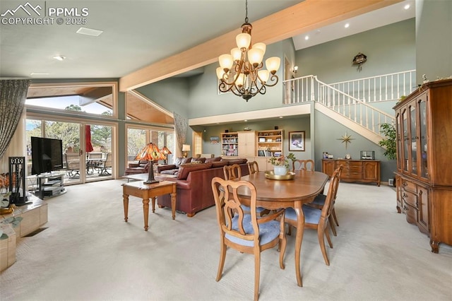 dining space with beamed ceiling, recessed lighting, a chandelier, high vaulted ceiling, and light carpet