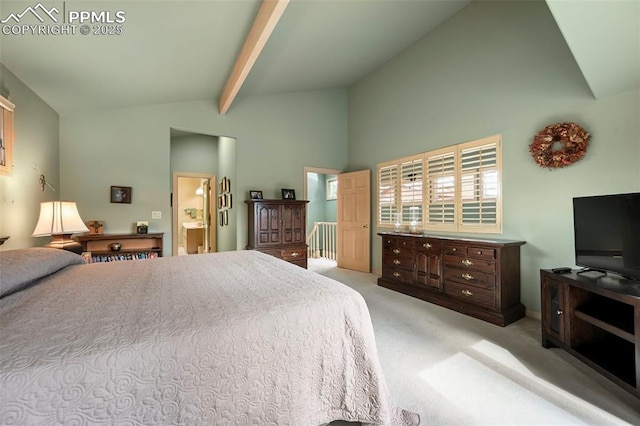 bedroom featuring high vaulted ceiling, beamed ceiling, and light colored carpet