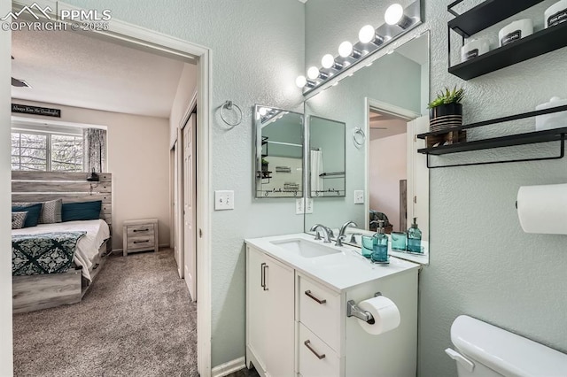 bathroom featuring toilet, a textured wall, and vanity