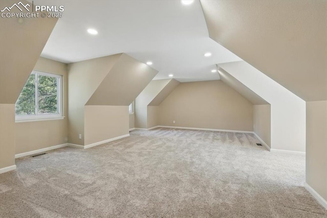 bonus room with visible vents, vaulted ceiling, baseboards, carpet, and recessed lighting