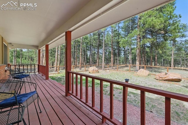 wooden deck with a fenced backyard
