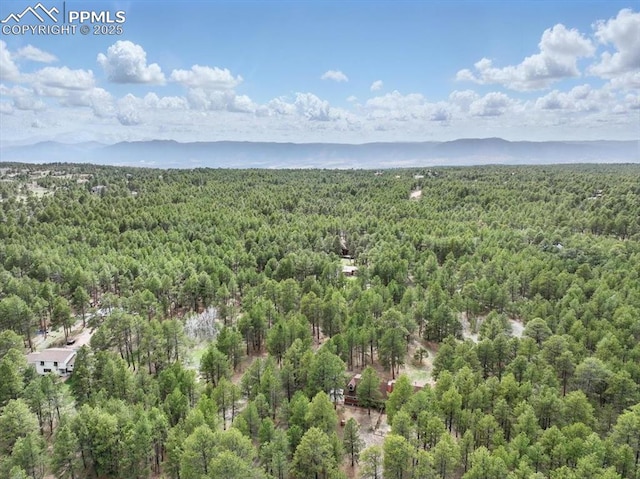 bird's eye view featuring a wooded view