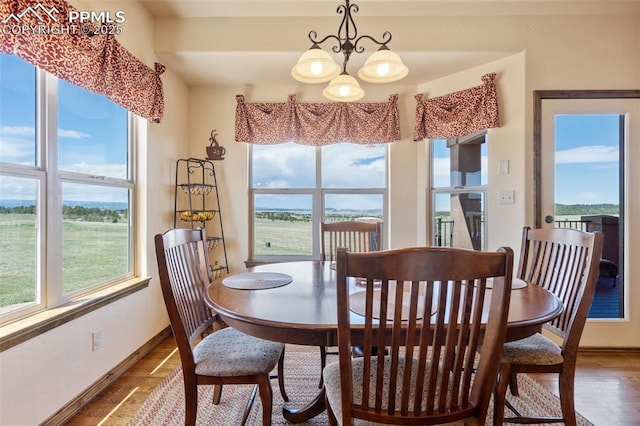 4908 Silver Nell Dr, Colorado Springs, CO 80908 - dining area featuring baseboards, wood finished floors, and a notable chandelier