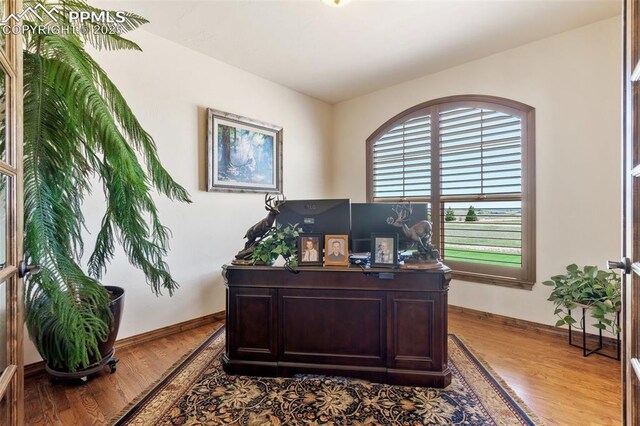 4908 Silver Nell Dr, Colorado Springs, CO 80908 - home office with baseboards and wood finished floors