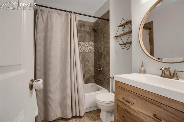 5064 Artistic Cir, Colorado Springs, CO 80917 - full bath with vanity, shower / bathtub combination with curtain, toilet, and tile patterned flooring