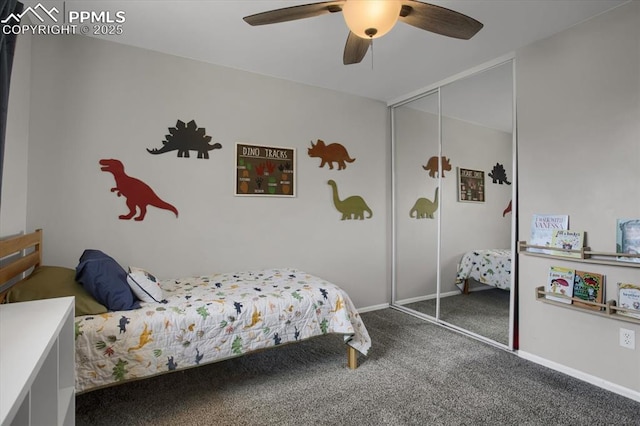 5064 Artistic Cir, Colorado Springs, CO 80917 - bedroom featuring a ceiling fan, baseboards, carpet, and a closet