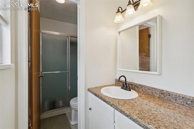 bathroom featuring toilet, a shower stall, vanity, and a chandelier