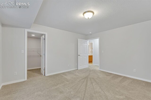 16850 Buffalo Valley Path, Monument, CO 81032 - unfurnished bedroom with baseboards, a spacious closet, a textured ceiling, and light colored carpet