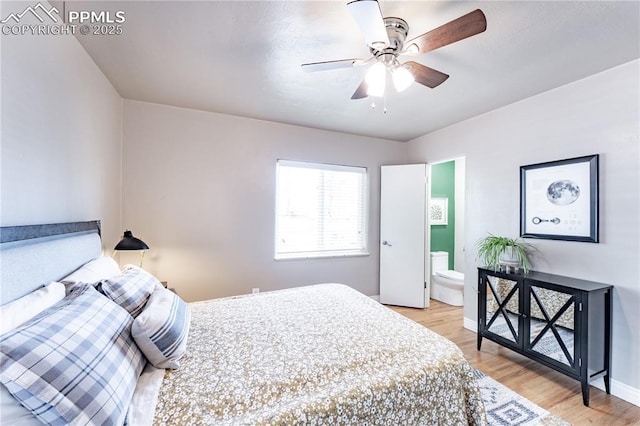 413 E Fontanero St, Colorado Springs, CO 80907 - bedroom featuring a ceiling fan, baseboards, light wood-style flooring, and ensuite bath