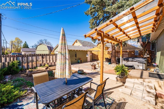 413 E Fontanero St, Colorado Springs, CO 80907 - view of patio with an outdoor structure, a fenced backyard, a pergola, and outdoor dining area