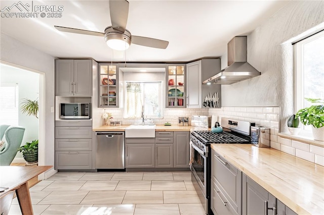 413 E Fontanero St, Colorado Springs, CO 80907 - kitchen with a sink, gray cabinets, wall chimney range hood, and stainless steel appliances