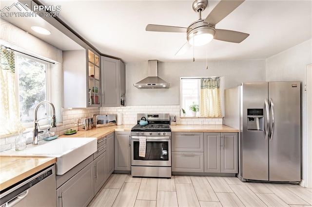 413 E Fontanero St, Colorado Springs, CO 80907 - kitchen featuring plenty of natural light, wall chimney range hood, gray cabinetry, and stainless steel appliances