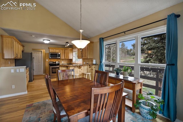 555 Elfin Glen Dr, Divide, CO 80814 - dining space with light wood-style flooring, lofted ceiling, and a textured ceiling