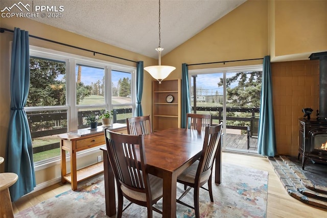 555 Elfin Glen Dr, Divide, CO 80814 - dining space with a wood stove, healthy amount of natural light, vaulted ceiling, wood finished floors, and a textured ceiling