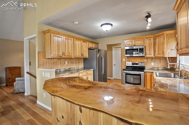 555 Elfin Glen Dr, Divide, CO 80814 - kitchen with appliances with stainless steel finishes, light wood finished floors, a sink, tasteful backsplash, and baseboards