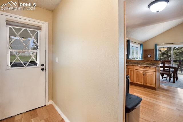 555 Elfin Glen Dr, Divide, CO 80814 - doorway to outside with light wood finished floors, lofted ceiling, and baseboards