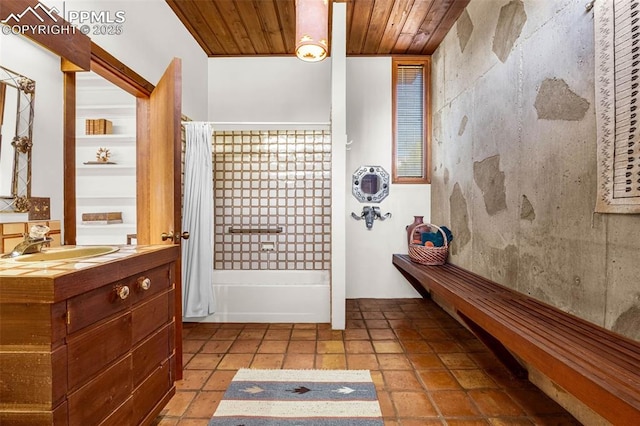 1455 La Mesa St, Colorado Springs, CO 80904 - bathroom featuring vanity, wooden ceiling, and shower / bath combo with shower curtain
