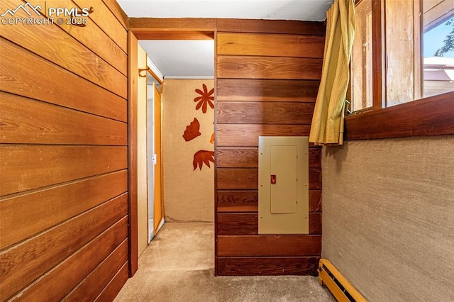 1455 La Mesa St, Colorado Springs, CO 80904 - corridor featuring electric panel, carpet, wooden walls, and baseboard heating