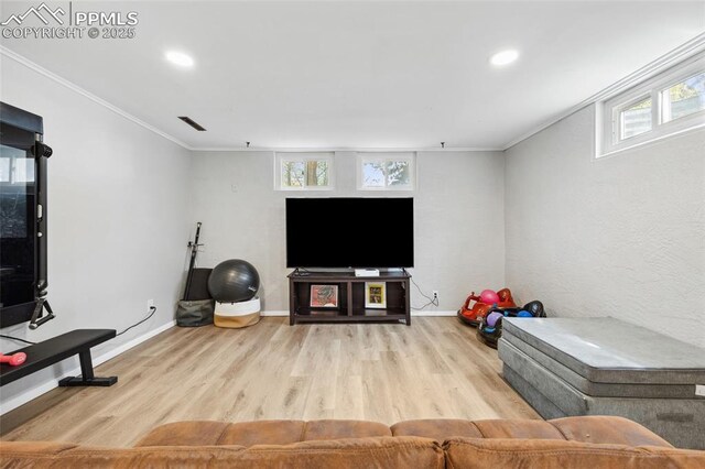 living area featuring wood finished floors, crown molding, and baseboards