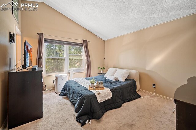 8545 Salsifa Ter, Colorado Springs, CO 80920 - carpeted bedroom with a textured ceiling, lofted ceiling, and baseboards