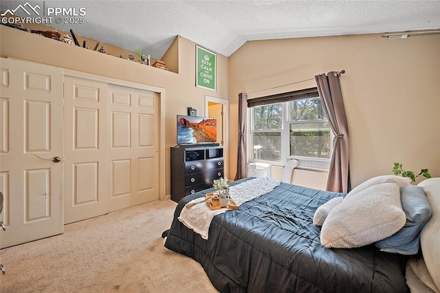 8545 Salsifa Ter, Colorado Springs, CO 80920 - bedroom featuring carpet flooring, lofted ceiling, a closet, and a textured ceiling