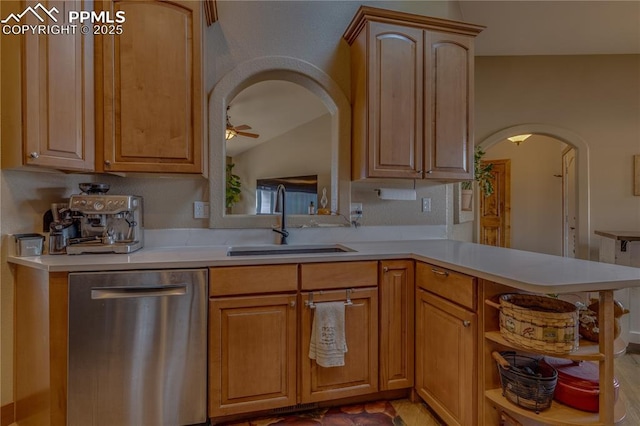 126 Star View Cir, Palmer Lake, CO 80133 - kitchen with a sink, ceiling fan, light countertops, arched walkways, and dishwasher