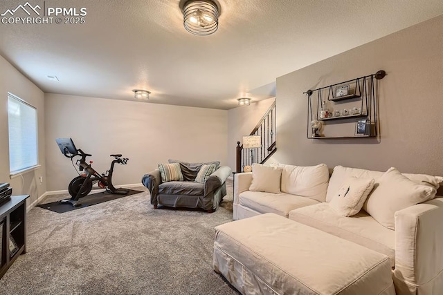 carpeted living area featuring baseboards and stairs
