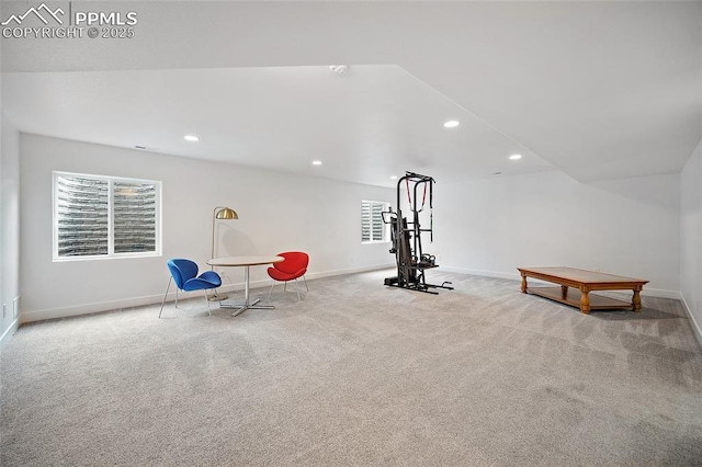 exercise room featuring carpet, recessed lighting, and baseboards