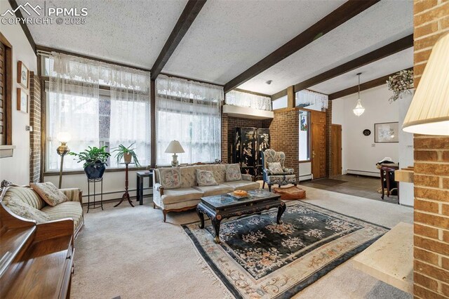carpeted living area with a baseboard radiator, a textured ceiling, lofted ceiling with beams, and baseboard heating