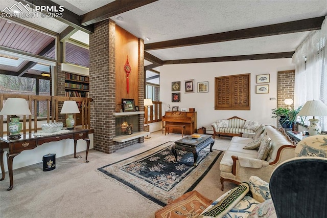 living area featuring carpet floors, a textured ceiling, and lofted ceiling with beams